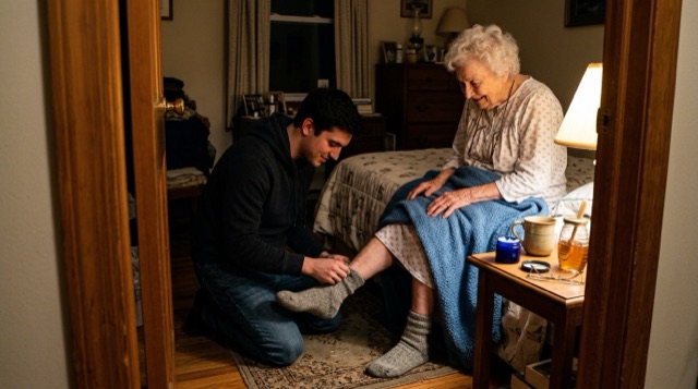 Grandson helping his grandmother get ready for bed, with honey and balm on the nightstand