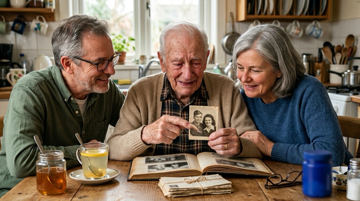 Older man happily sharing old family photos with his son and daughter-in-law at the kitchen table