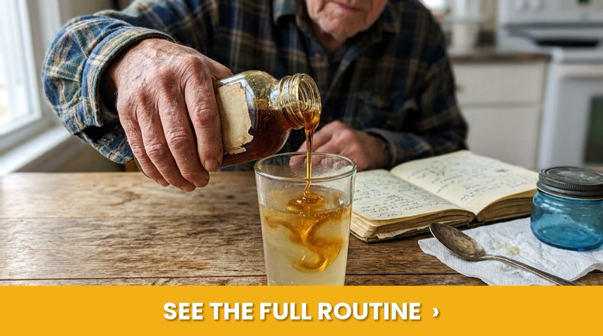 Older man pouring honey into a glass of warm water: see the full routine