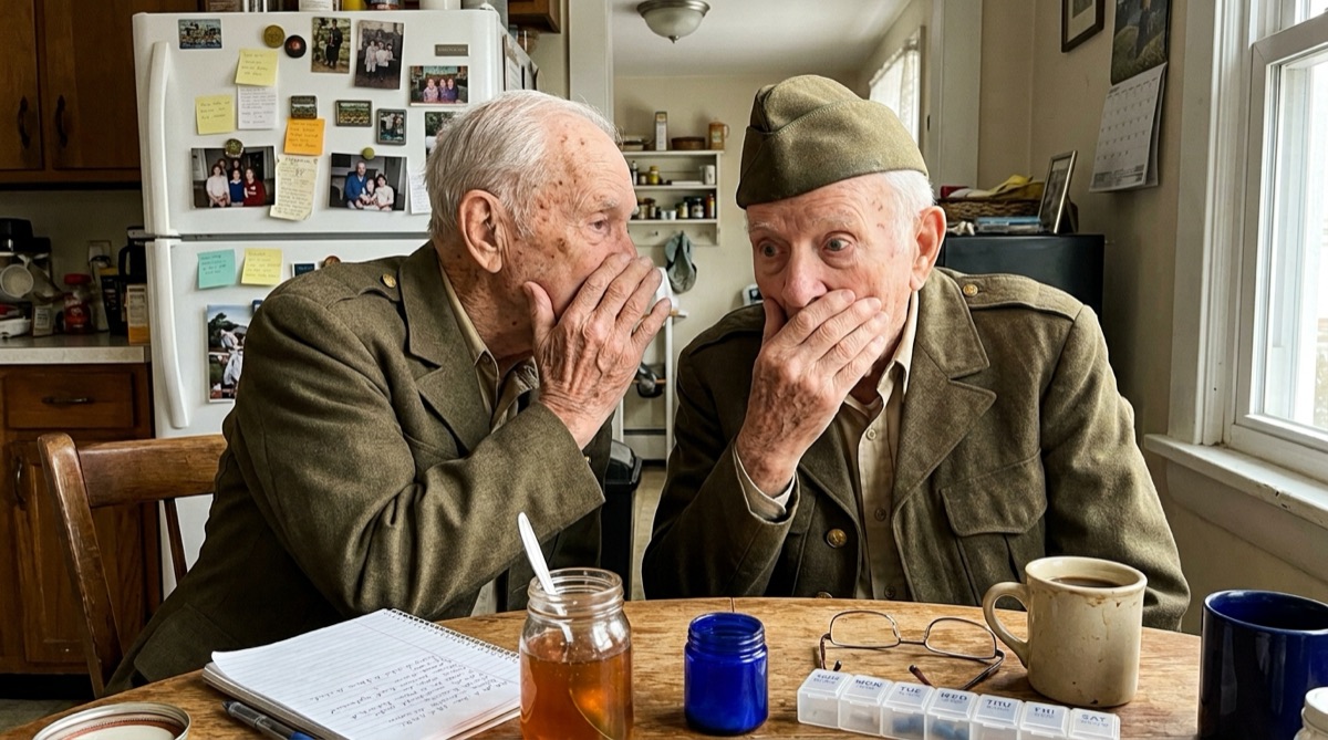 Two older men sharing a secret at the kitchen table next to a jar of honey