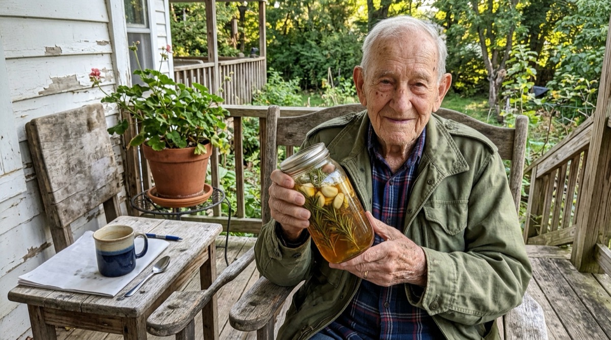Smiling older man relaxing outdoors on his porch, holding a homemade honey jar