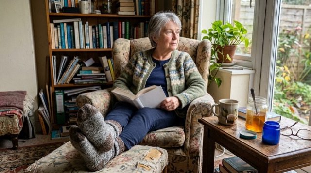Older woman reading in her armchair with a cup of tea and a jar of honey