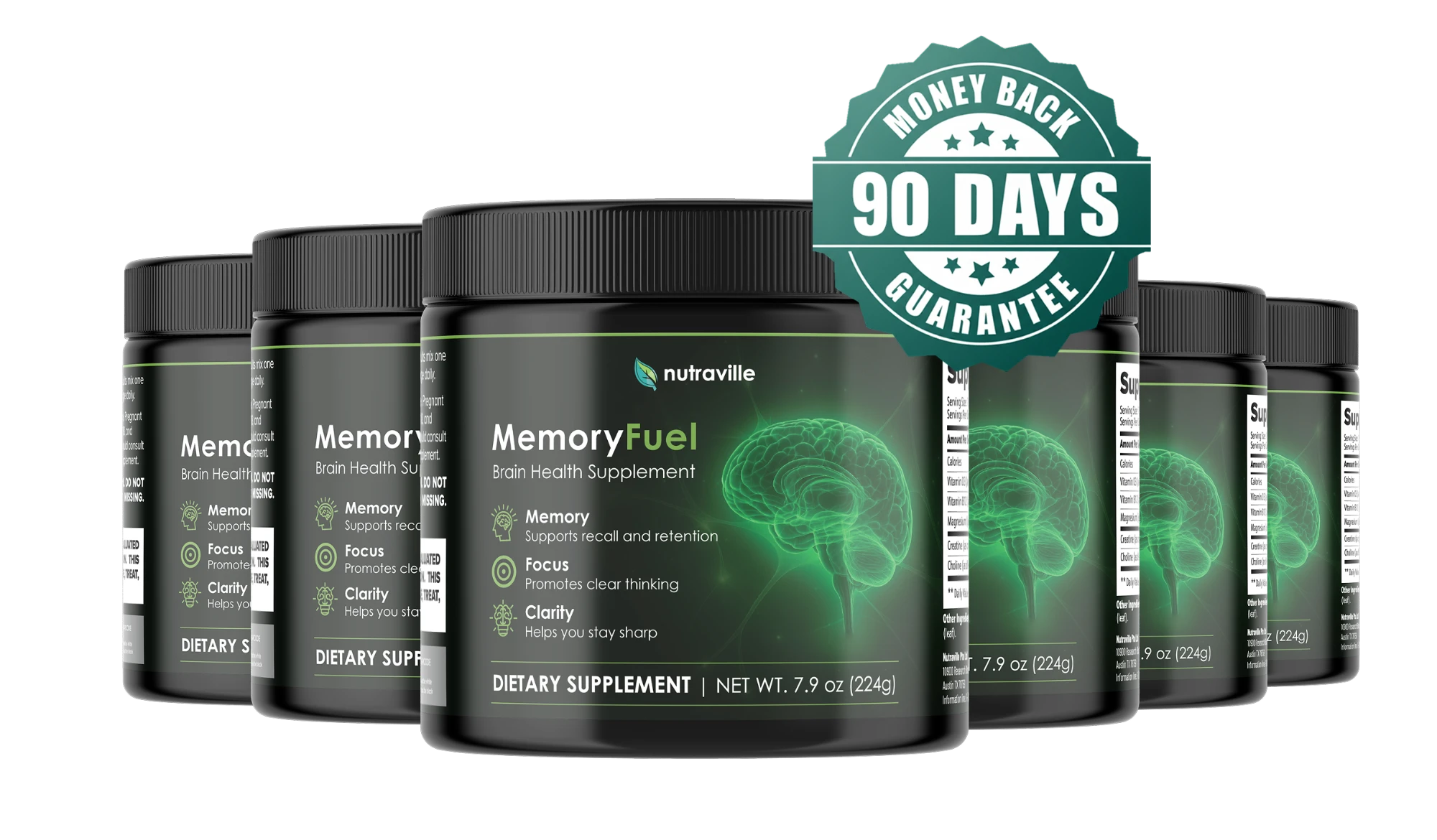 Six jars of MemoryFuel brain health supplement by Nutraville with a 90-day money-back guarantee seal